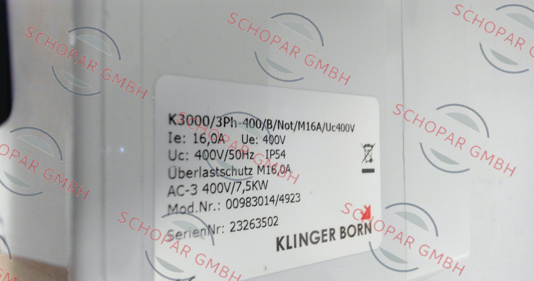 Klinger Born-0098.3014 K3000/3Ph-400V/B/Not-Halt/MxA/Uc400V price