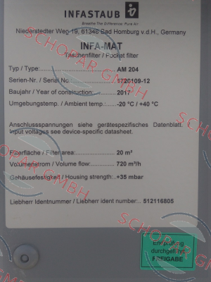Infastaub-Filter element for INFA-MAT Typ:AM204, SN:1720109-12  price