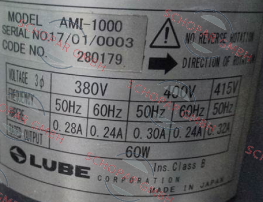 Lube-Model:AMI-1000  S/N:17/01/0003 oem price