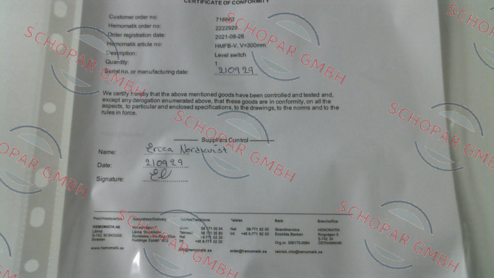 Hemomatik-CERTIFICATE OF CONFORMITY  price
