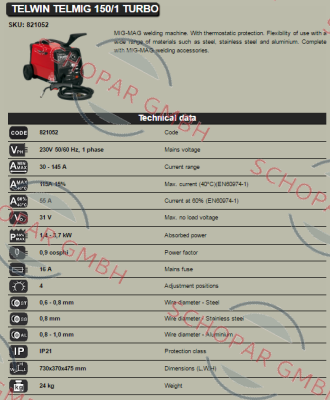 Telwin-Art. Nr.821052, type  TELMIG 150/1 TURBO  price