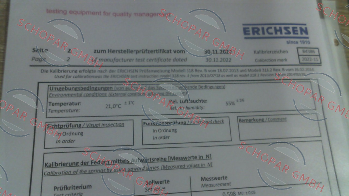 Erichsen-Calibration certificate for 00200131 price